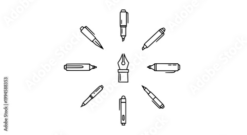 Pen symbol icon collection vector illustration set with writing tools ballpoint fountain and marker pens