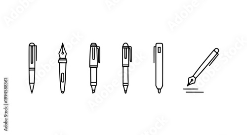 Minimal pen icon set vector illustration with writing tools ballpoint marker fountain and stylus pens