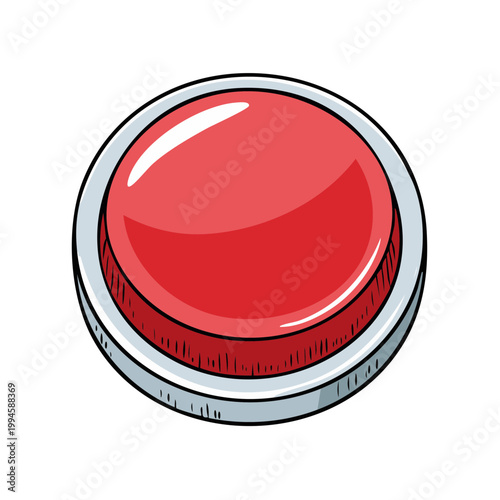 A large glossy red button with a silver rim and a hatched shadow effect isolated on white
