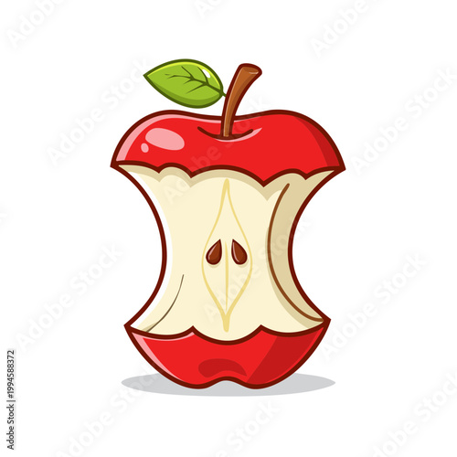 Cartoon apple core with stem and leaf isolated on white background