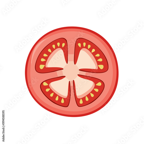 Cross section of a fresh ripe red tomato showing seeds and pulp