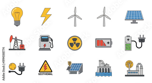 Illustrated Icons of Energy Sources and Sustainable Power Generation Concepts