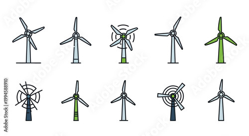 Illustration of various windmill designs promoting renewable energy and sustainability practices