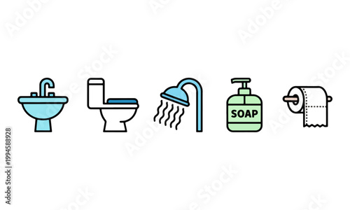 Bathroom Icon Set with Sink Toilet Shower Soap and Toilet Paper