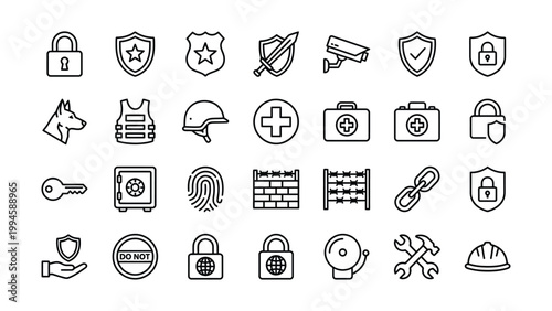 Security and safety icons: padlocks shields helmets safes keys with bulletproof vest body armor first aid hard hat security protection surveillance fingerprint biometric verified