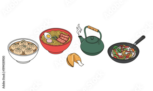 Asian Food Set with Ramen Dumplings Kettle and Stir-fry Illustration