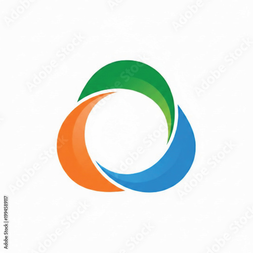 Circular logo with green orange and blue overlapping shapes creating a modern abstract mark for branding