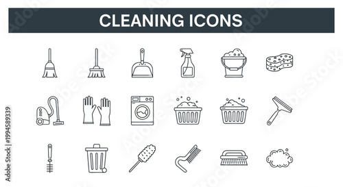 Minimalist Cleaning Icons Depicting Household Chores and Hygiene Essentials