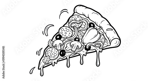 Drawn Slice of Pizza with Toppings, Melting Cheese, and Steam