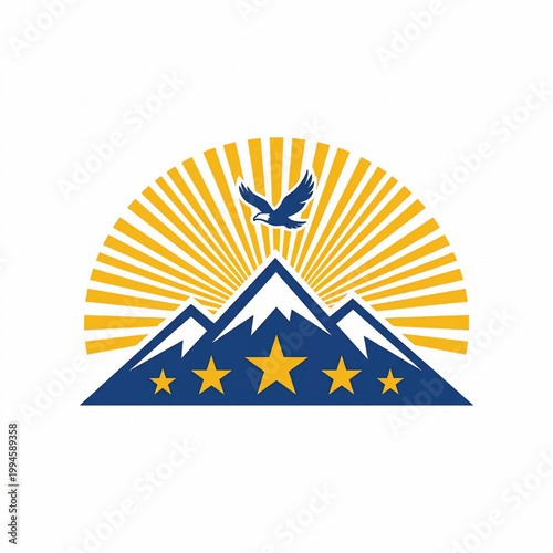 Eagle over mountain emblem icon with golden rays, stars and blue patriotic badge for handmade craft design