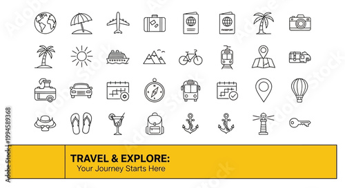 Minimalist Travel Icon Set Depicting Various Vacation Elements and Adventure Destinations