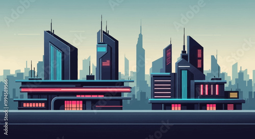 Futuristic Cityscape with Sleek Modern Architecture and Neon Lighting Decorations