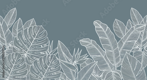 Botanical illustration of lush tropical foliage, palm leaves, and exotic flowers in a minimalist line art style on a muted blue background, perfect for design projects