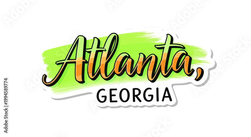 Atlanta, Georgia Hand Lettering Text with Green Brush Stroke Background