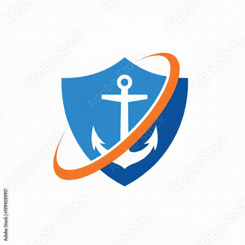 Shield anchor logo with blue emblem, orange swoosh, and clean vector style for maritime security branding