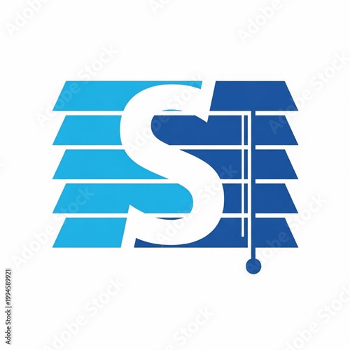 Monogram letter S with blue geometric stripes and a needle-like vertical connector on a white background
