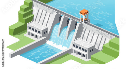 Isometric view of a modern hydroelectric dam with cascading water and surrounding landscape