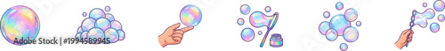 Collection of colorful soap bubble and wand vector icons.