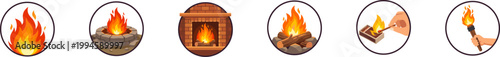 Set of circular fire, torch, and ignition vector icons.