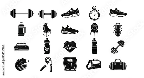 Minimalist Fitness and Workout Icon Set in Black and White against a Plain Background