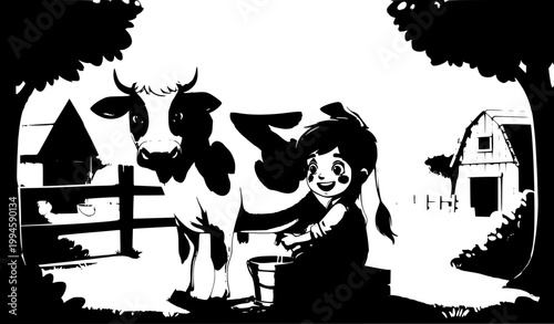 Joyful Farm Boy Milking Cow