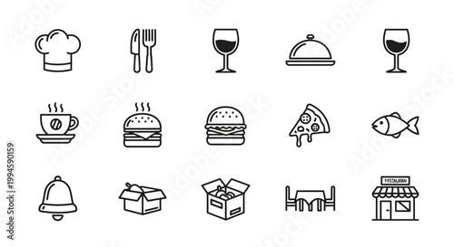 Minimalist Restaurant Icon Set: Culinary Symbols for Menu, Dining, and Food Presentation
