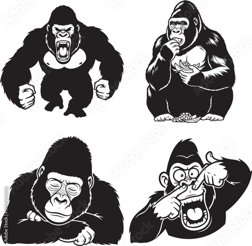 Gorilla Bold Outline Silhouette Line Art Set