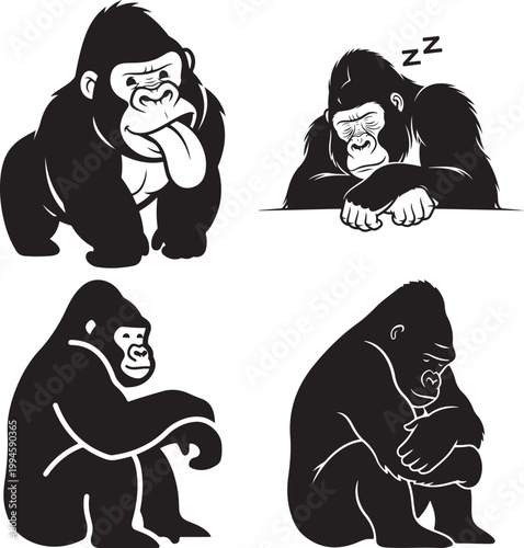 Gorilla Bold Outline Silhouette Line Art Set