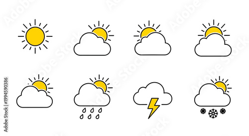 Weather forecast illustrations depicting various conditions with sun, clouds, rain, and snow