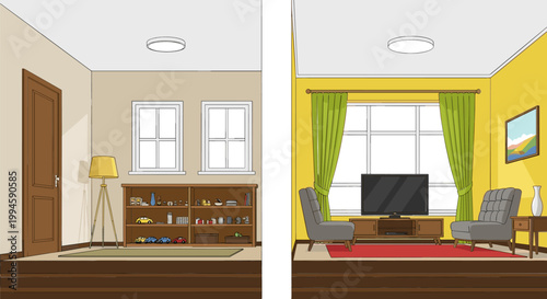 Living Room Interior Transformation Vector Illustration with Before and After Design, Modern Furniture, Curtains, Lighting and Home Decoration Improvement Concept