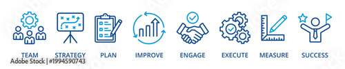 Change Management outline color banner icon with team, strategy, plan, improve, engage, execute, measure, success