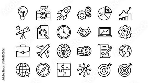 Business and strategy icons: lightbulb rocket gear graph earth with pie chart magnifying glass business strategy lightbulb cogwheel analytics analysis telescope research document handshake