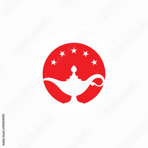 Red abstract globe logo with white stars and a central point symbol, handmade icon style for branding and design