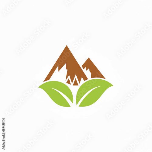 Mountain logo with green leaves and brown peaks for eco friendly nature brand identity and sustainability design