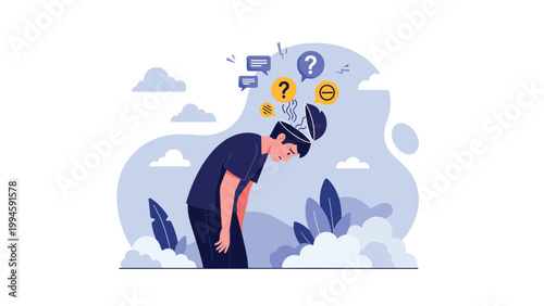 Stressed man with his head open and various symbols like question marks and negative signs floating out, illustrating mental burnout and confusion.