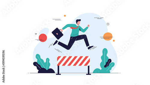 Energetic professional jumping over a red and white hurdle to overcome challenges and achieve business success.