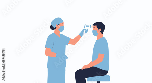 Nurse checking patient's temperature with infrared thermometer during pandemic