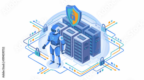 A futuristic robot standing next to secure servers with a shield on top.