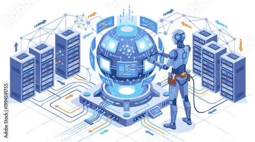 A worker services a large globe-shaped machine surrounded by computer servers.