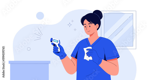 Nurse checking temperature with infrared thermometer, sanitizing hands with wipe