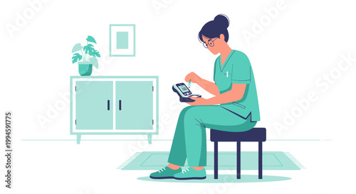 Nurse checks blood glucose meter, diabetes care, medical checkup at home, healthcare illustration