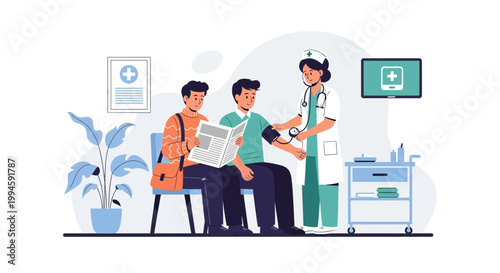 Nurse checks blood pressure of patient in waiting room, companion reads newspaper