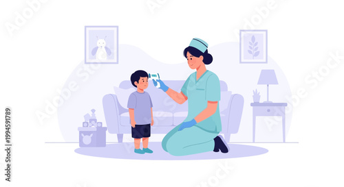 Nurse checks child's temperature with thermometer, healthcare concept