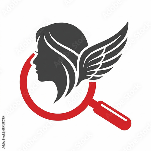 Welding logo icon with red circular flame, black hairline face silhouette and white winged feathers outline