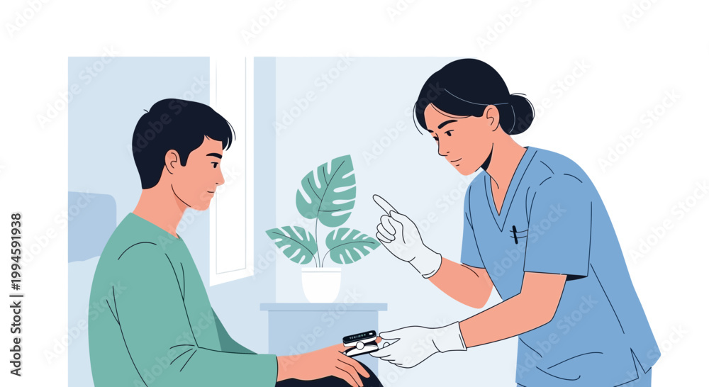 Fototapeta premium Nurse checks patient's oxygen saturation with pulse oximeter in clinic