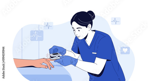 Nurse checks patient's oxygen saturation with pulse oximeter, medical monitoring concept