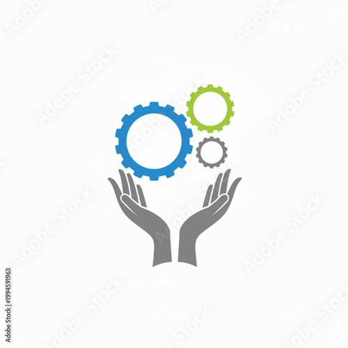 Hands holding gear icons concept for engineering innovation, collaborative teamwork, and sustainable technology development