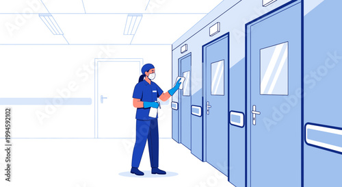 Nurse cleaning hospital corridor doors, hygiene, safety, healthcare worker, medical staff