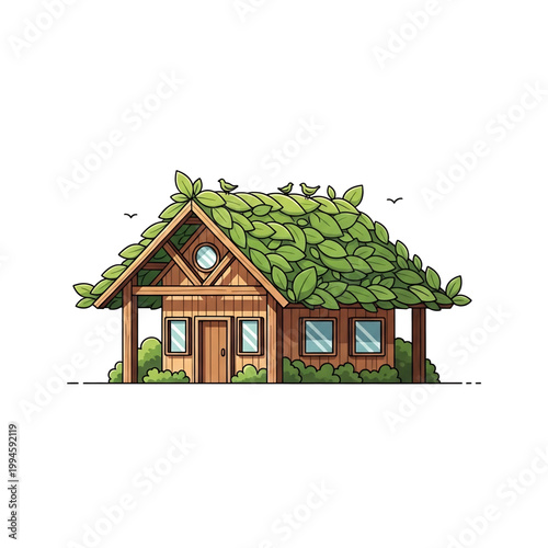 Wooden eco house with green roof representing sustainable living.
