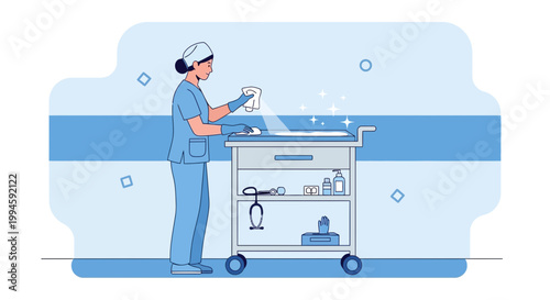 Nurse cleaning medical cart with disinfectant wipe, healthcare hygiene and sanitation concept